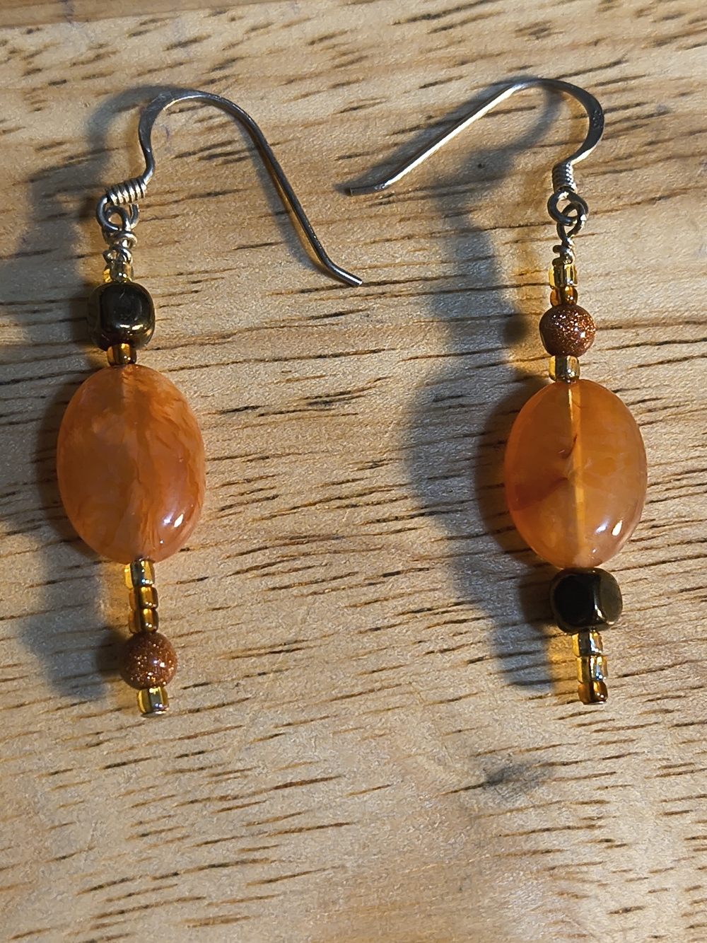Handcrafted Sterling Silver Orange Jade Bead And Goldstone Dangle Earrings